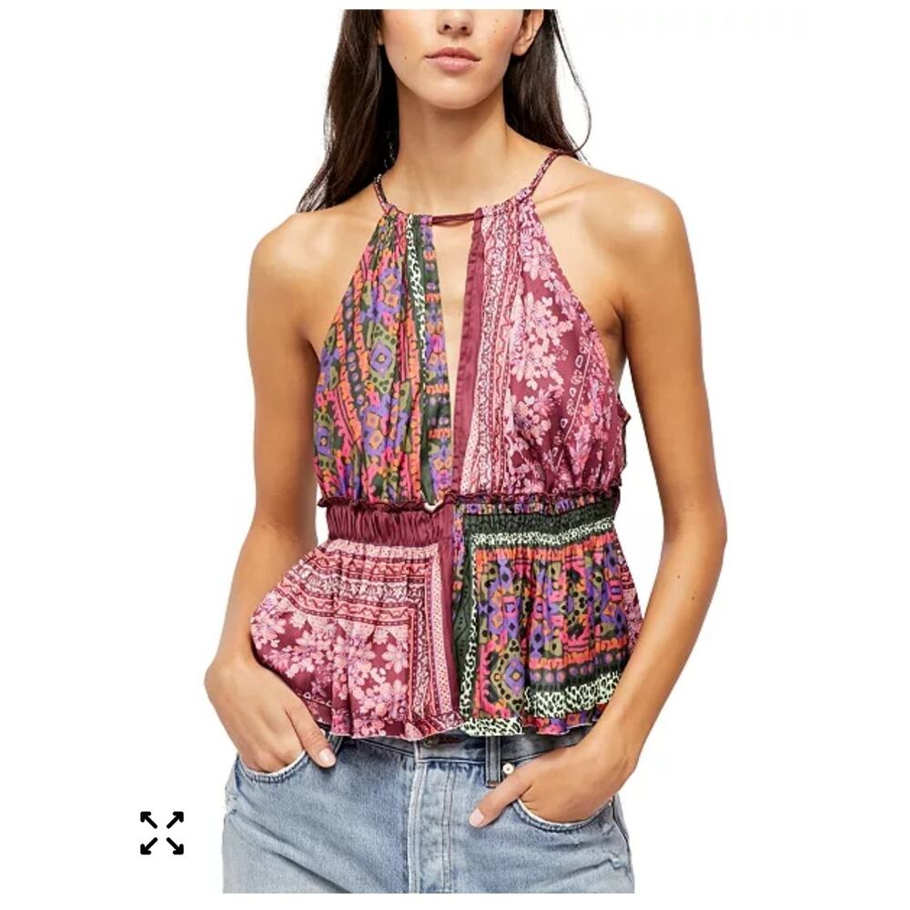 Free People Women's Purple Green Floral Bellani Patchwork Camisole Top XS